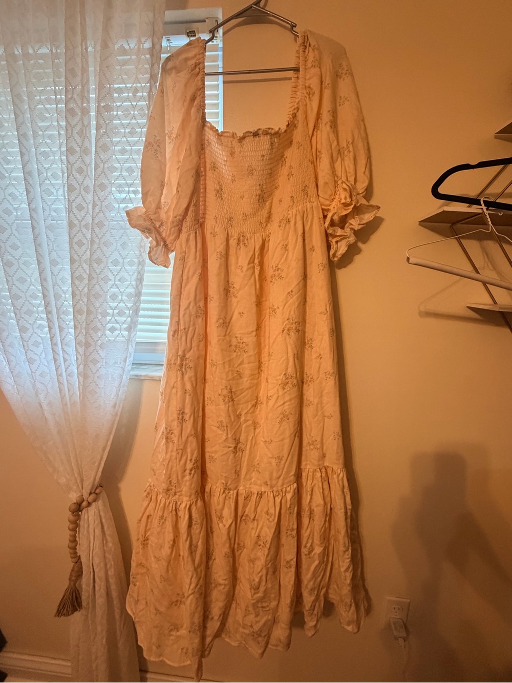 Smocked Square-Neck Maxi Dress in Soft Peach Floral